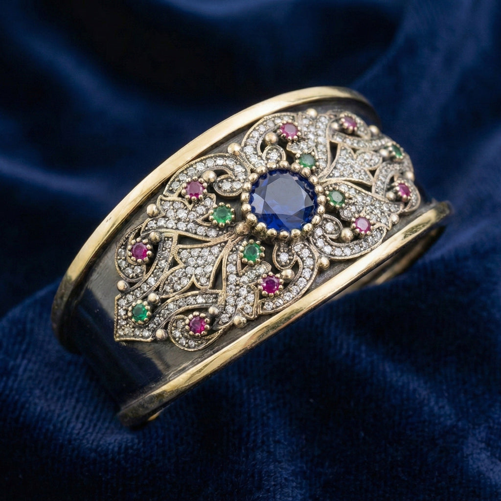 Decorative bracelet with gemstones on a blue fabric background
