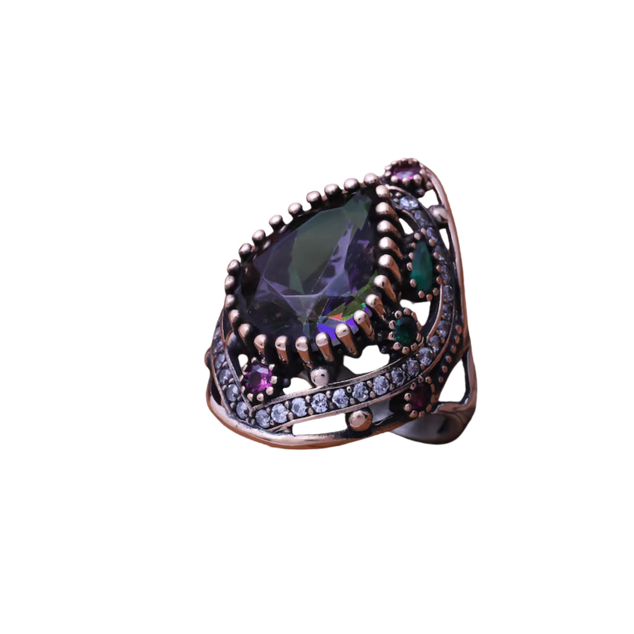 Elegant ring with gemstones on a white background