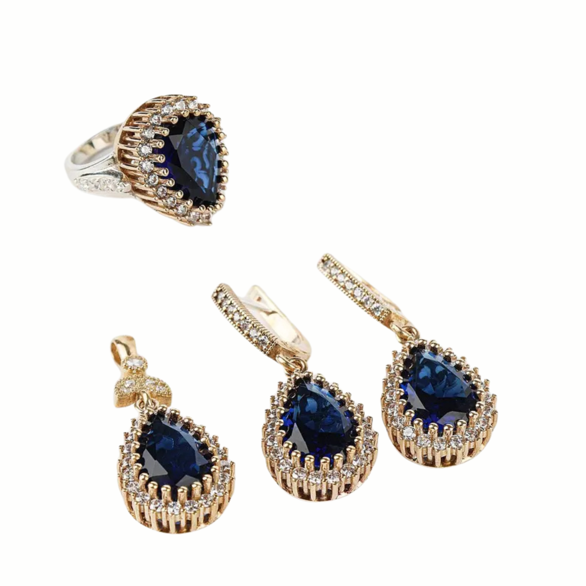 Jewelry set with blue gemstones and gold accents on a white background