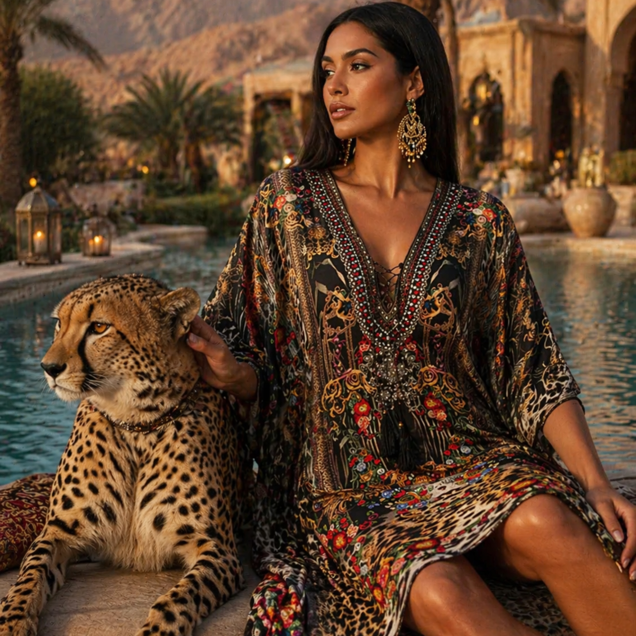 Woman in a patterned dress sitting with a cheetah by a poolside with mountains in the background