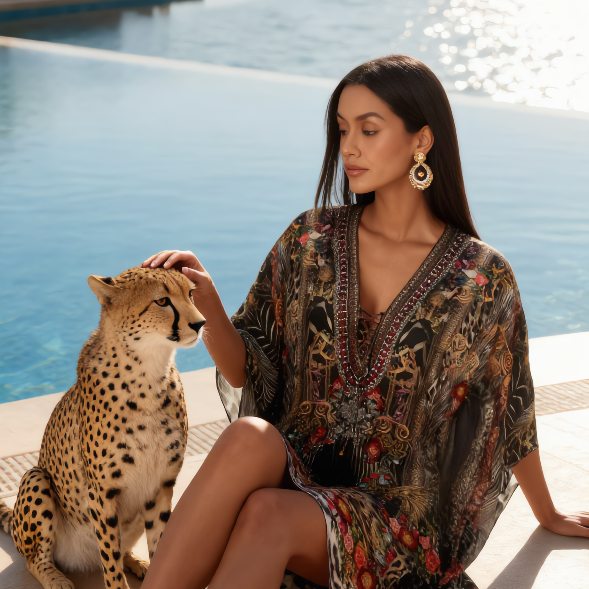 Woman in a patterned dress sitting by a pool with a cheetah.