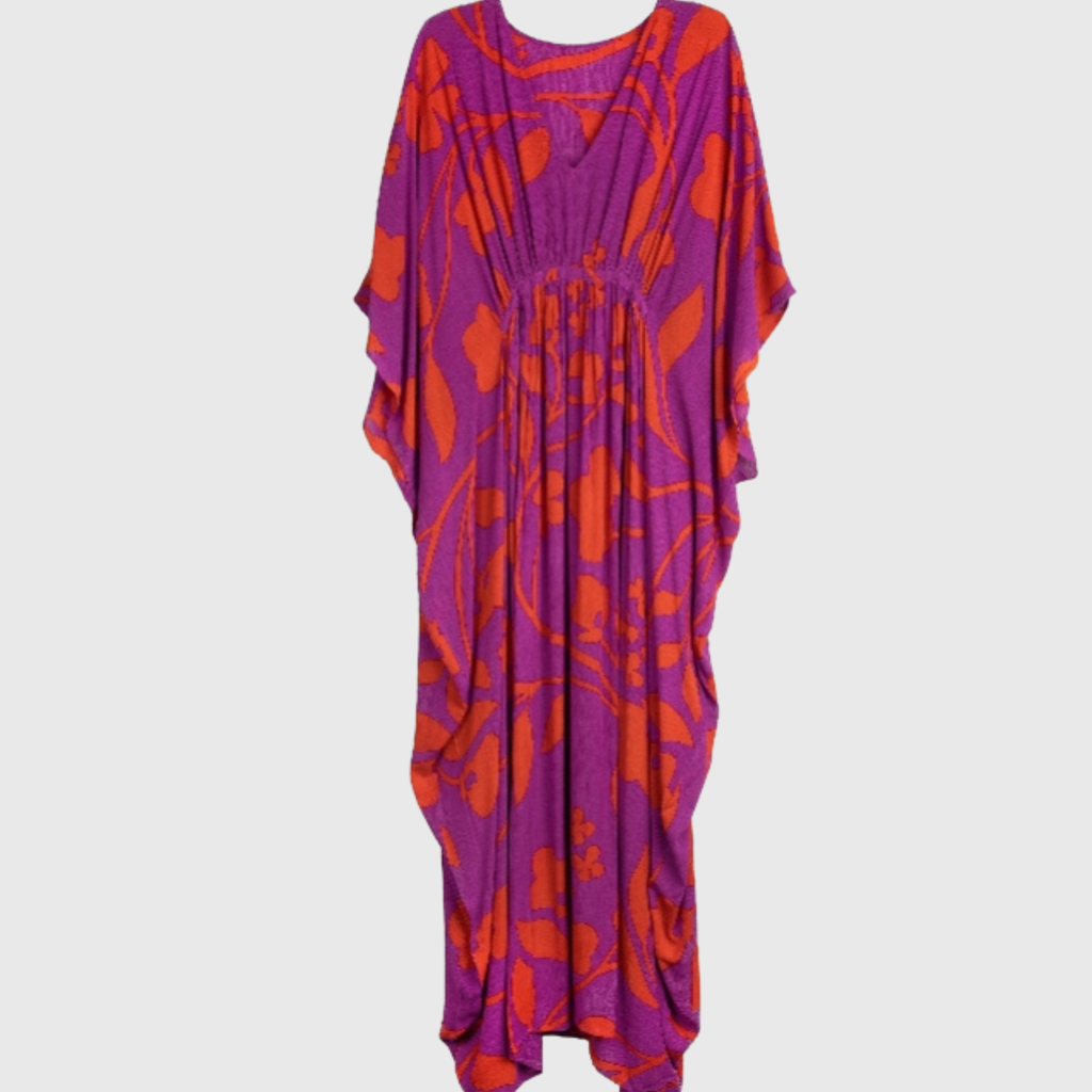 Purple and red patterned dress on a white background