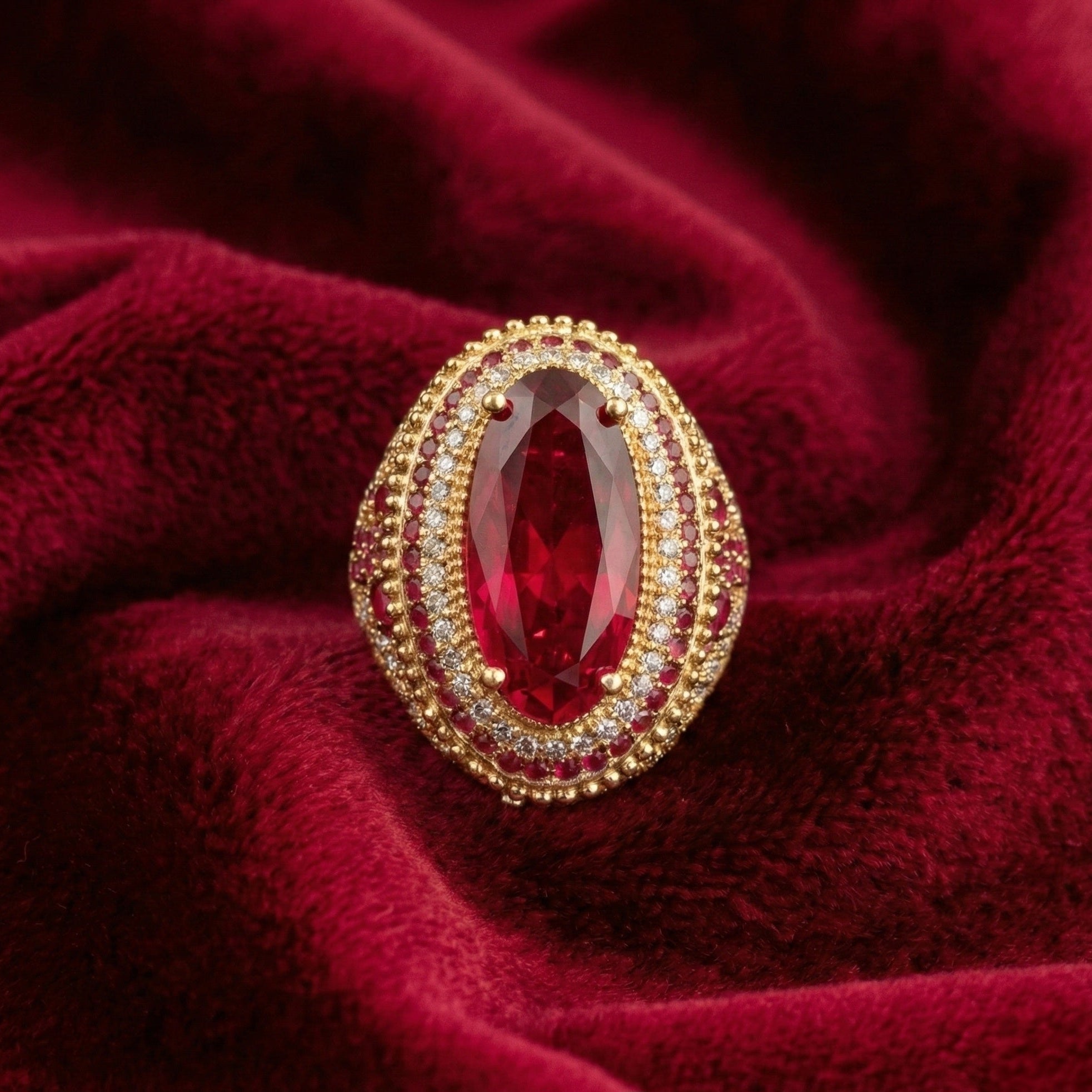 Gold ring with a red gemstone on a red fabric background