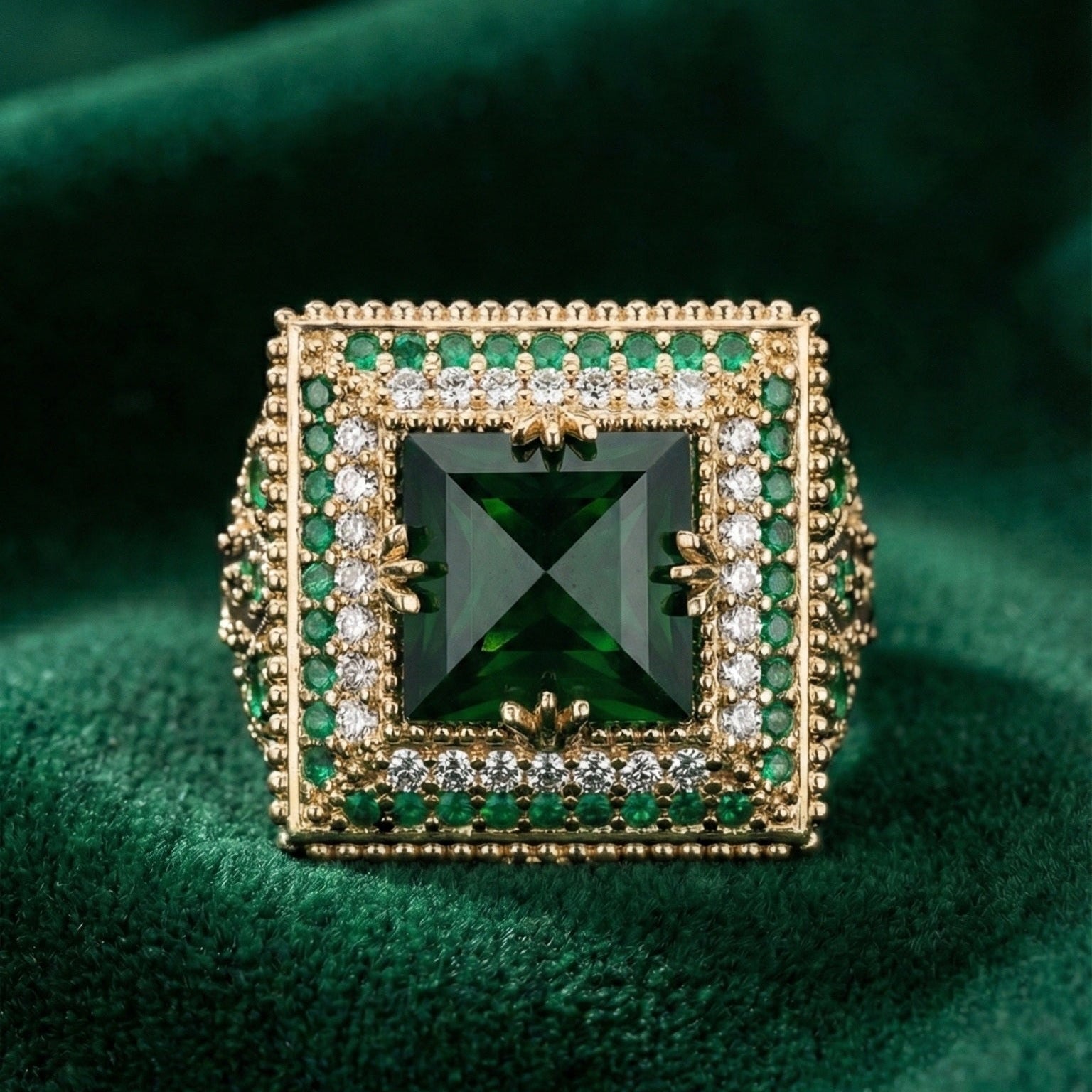 Gold ring with a central green gemstone on a green fabric background