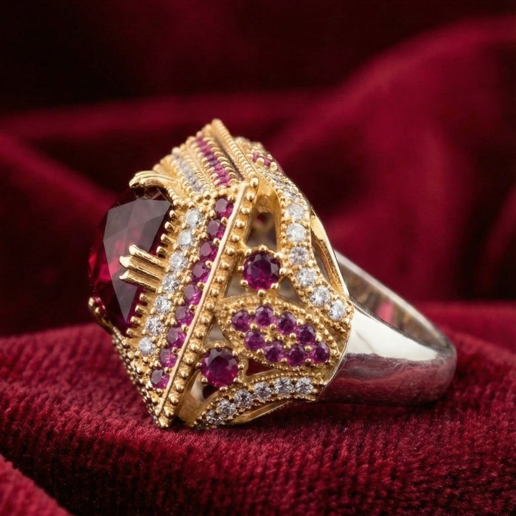 Gold ring with red gemstones on a red fabric background