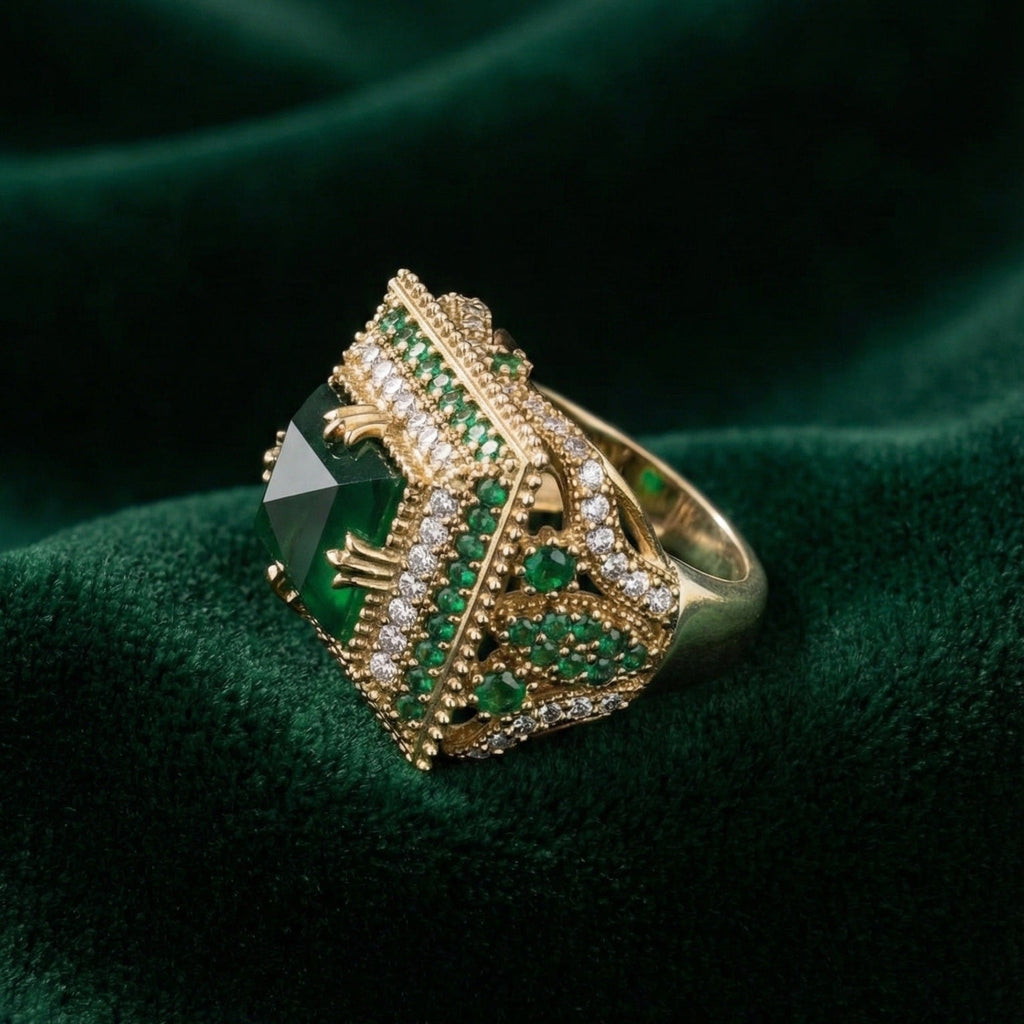 Gold ring with green gemstones on a dark green fabric background