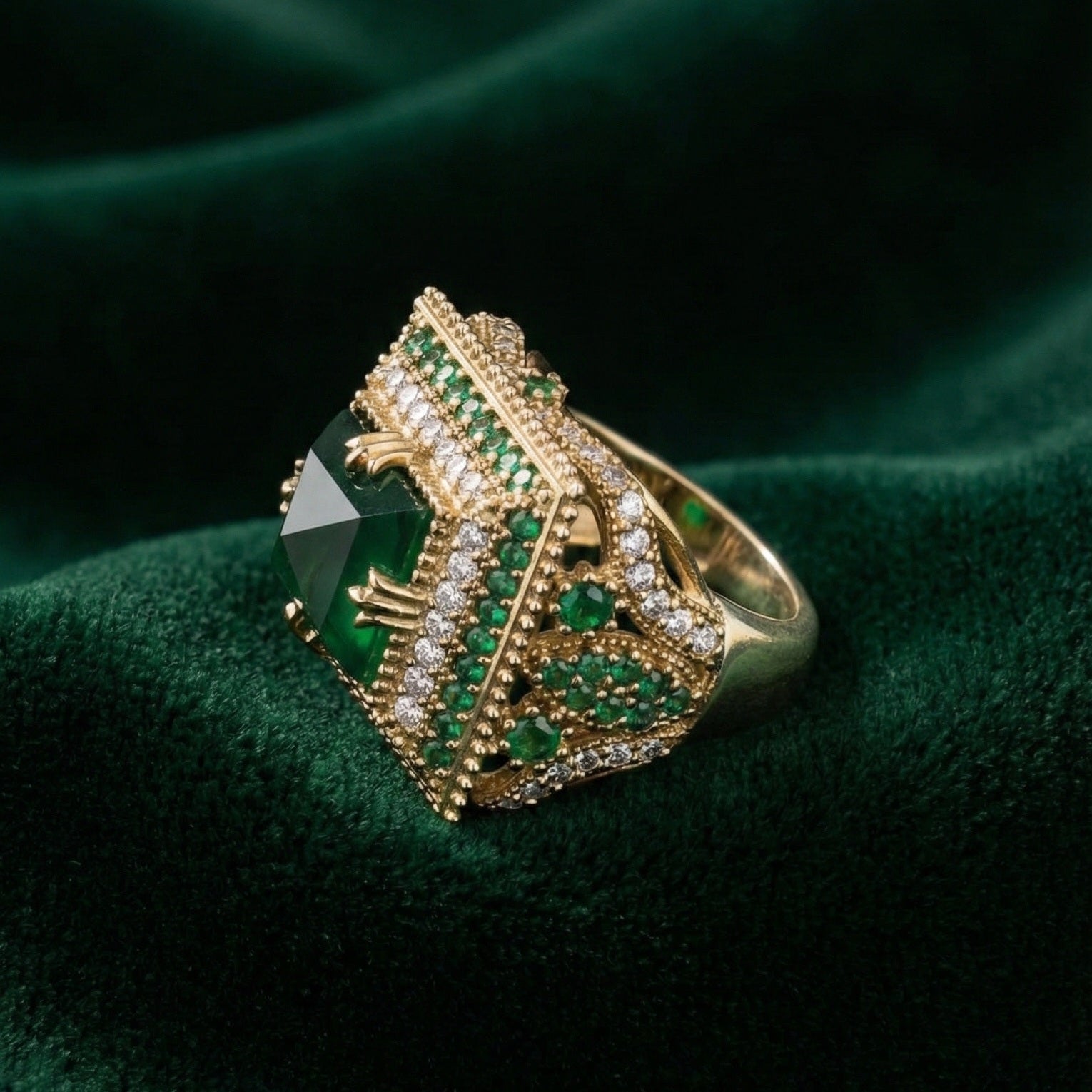 Gold ring with green gemstones on a dark green fabric background