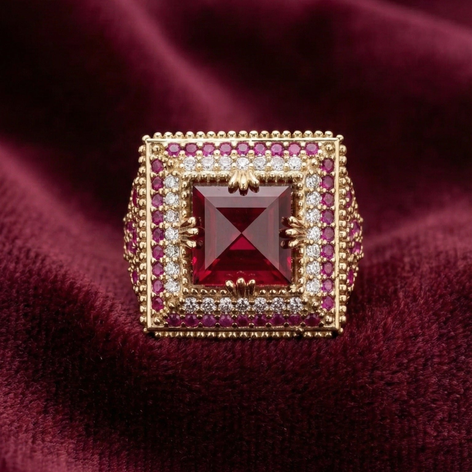 Luxury ring with a prominent red gemstone on a burgundy fabric background