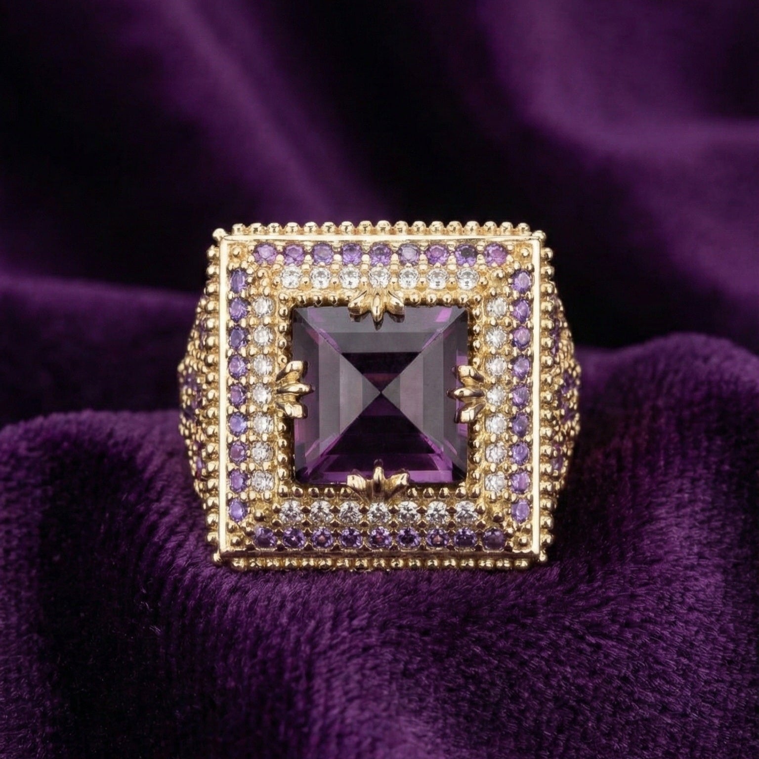 Gold ring with a central purple gemstone on a purple fabric background