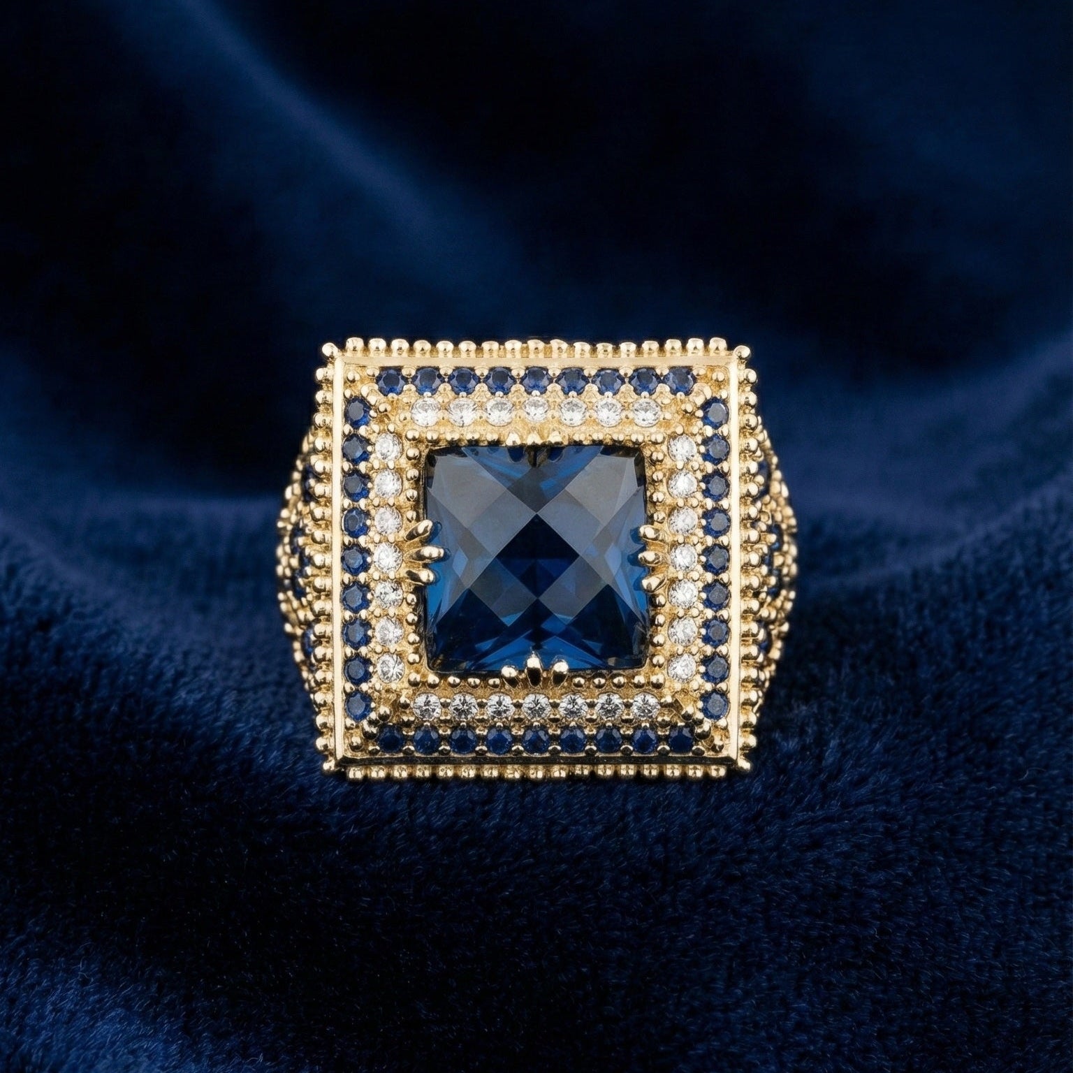 Gold ring with a blue gemstone on a dark blue fabric background