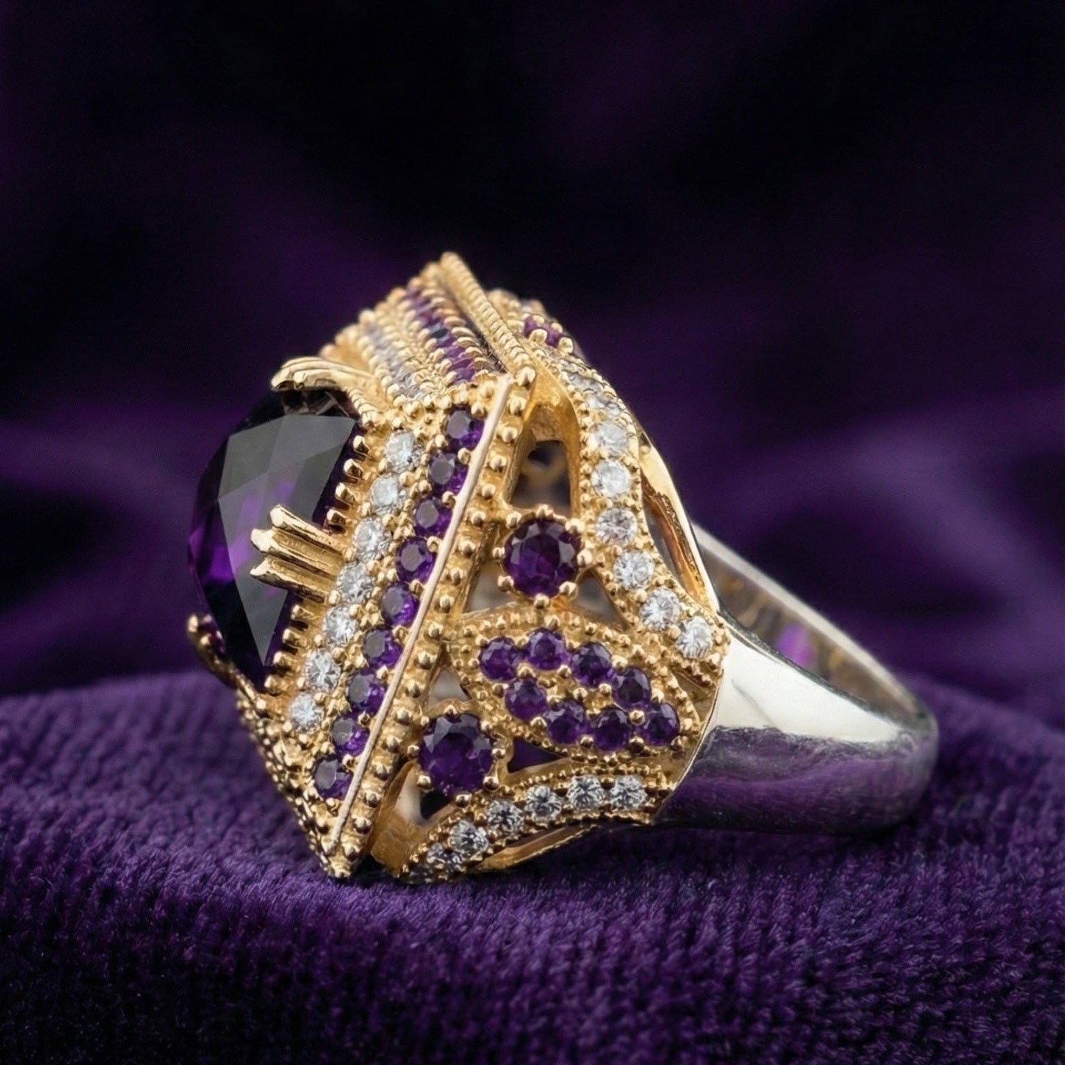 Gold and silver ring with purple gemstones on a purple fabric background