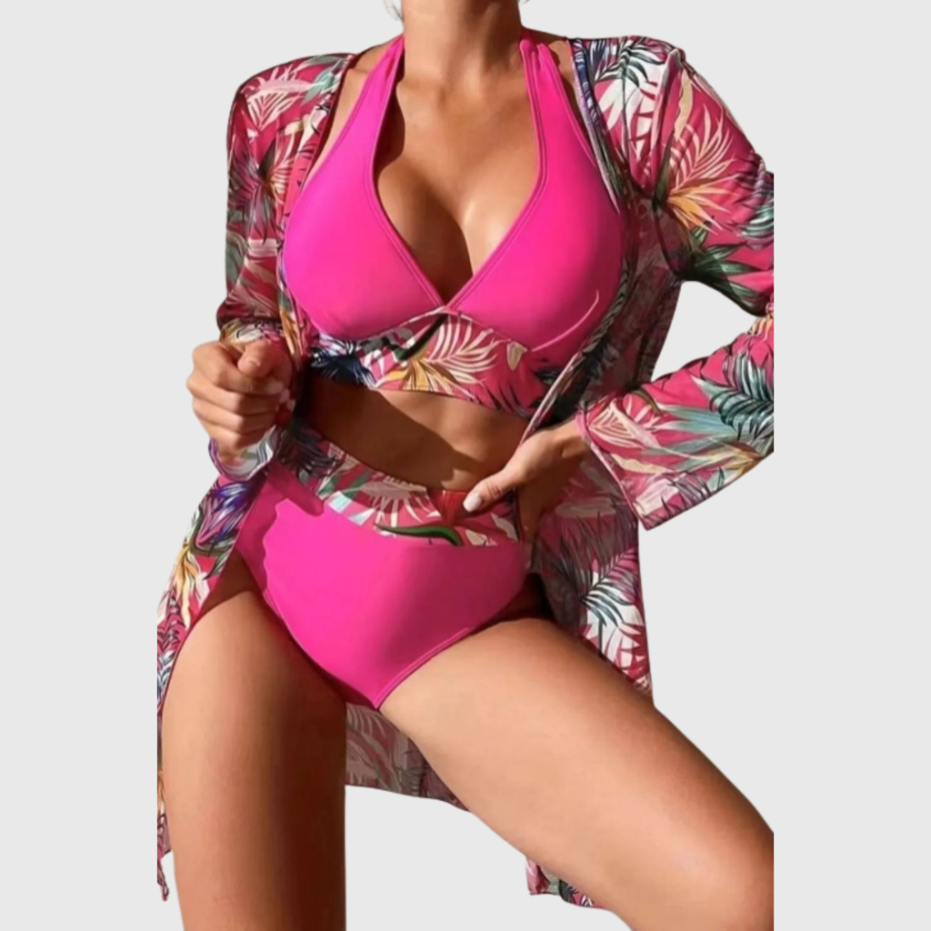 Tropical Breeze Luxury 3-Piece Bikini Set with Kimono Cover-Up