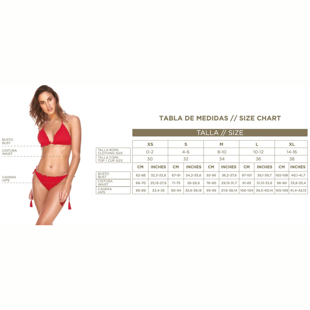 Woman wearing a red bikini with a size chart on a white background