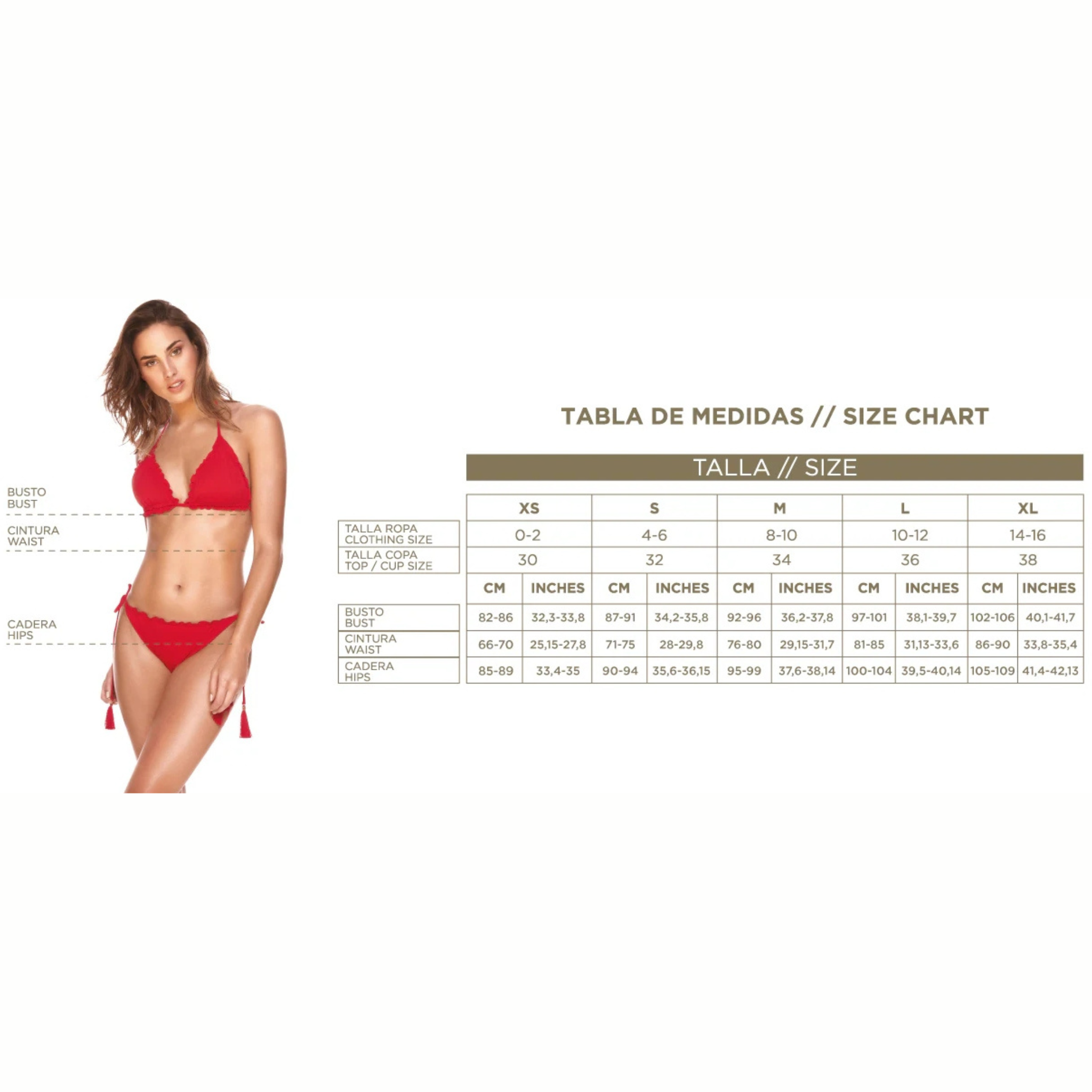 Woman wearing a red bikini with a size chart on a white background