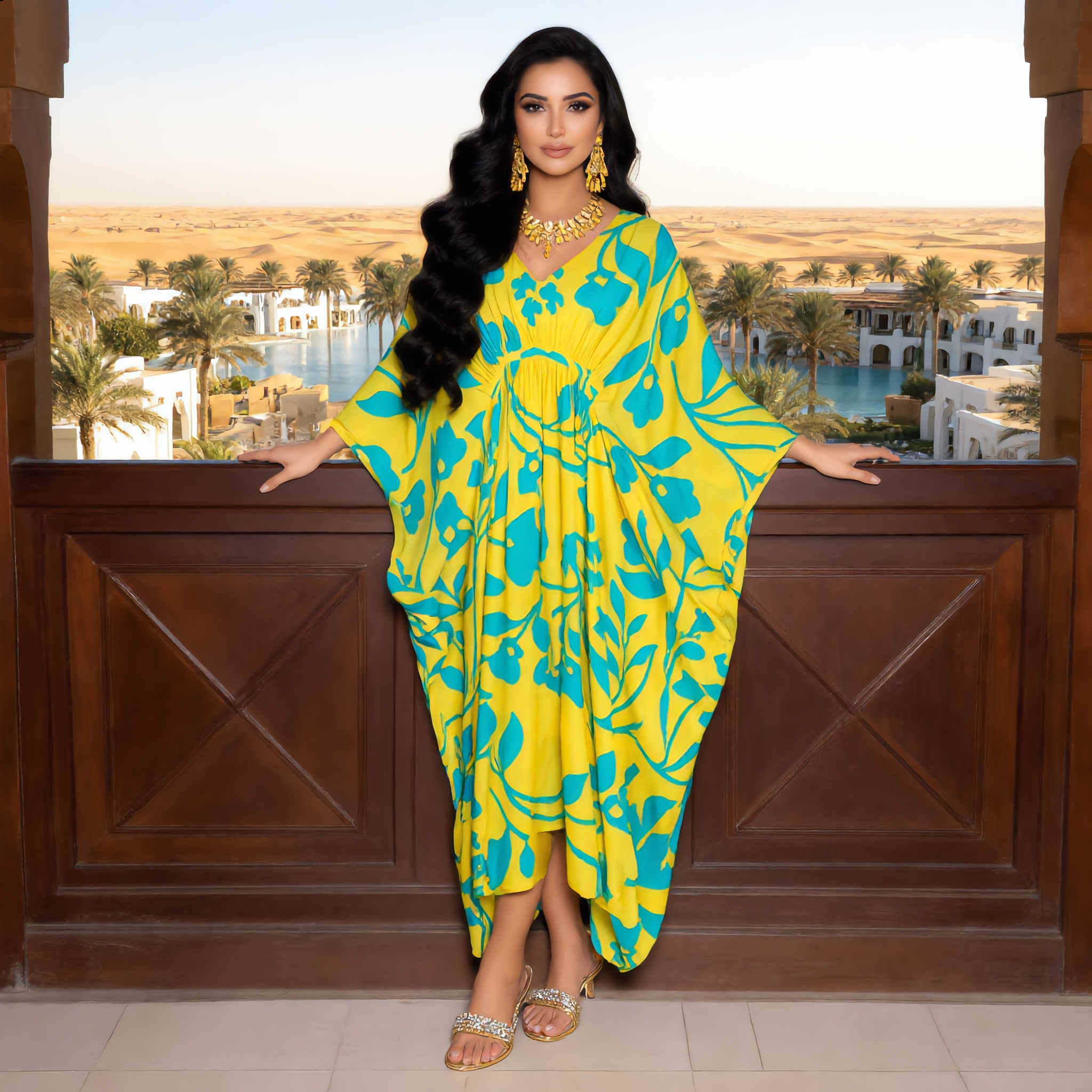 Woman in a yellow and blue dress standing in front of a scenic view with palm trees and buildings.