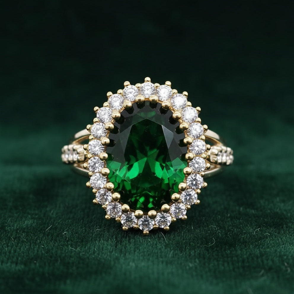 Gold ring with a green gemstone and diamond accents on a green background
