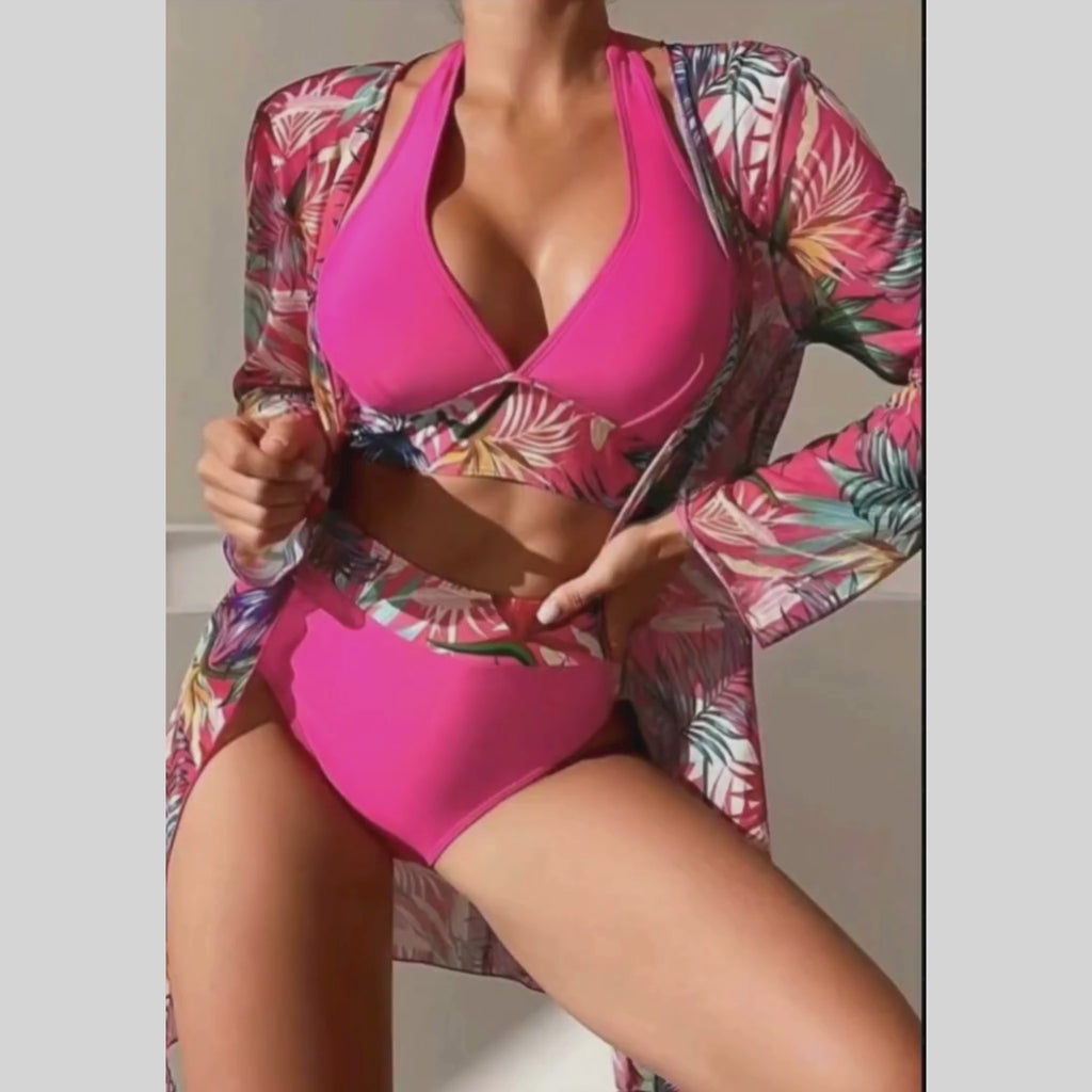 Tropical Breeze Luxury 3-Piece Bikini Set with Kimono Cover-Up
